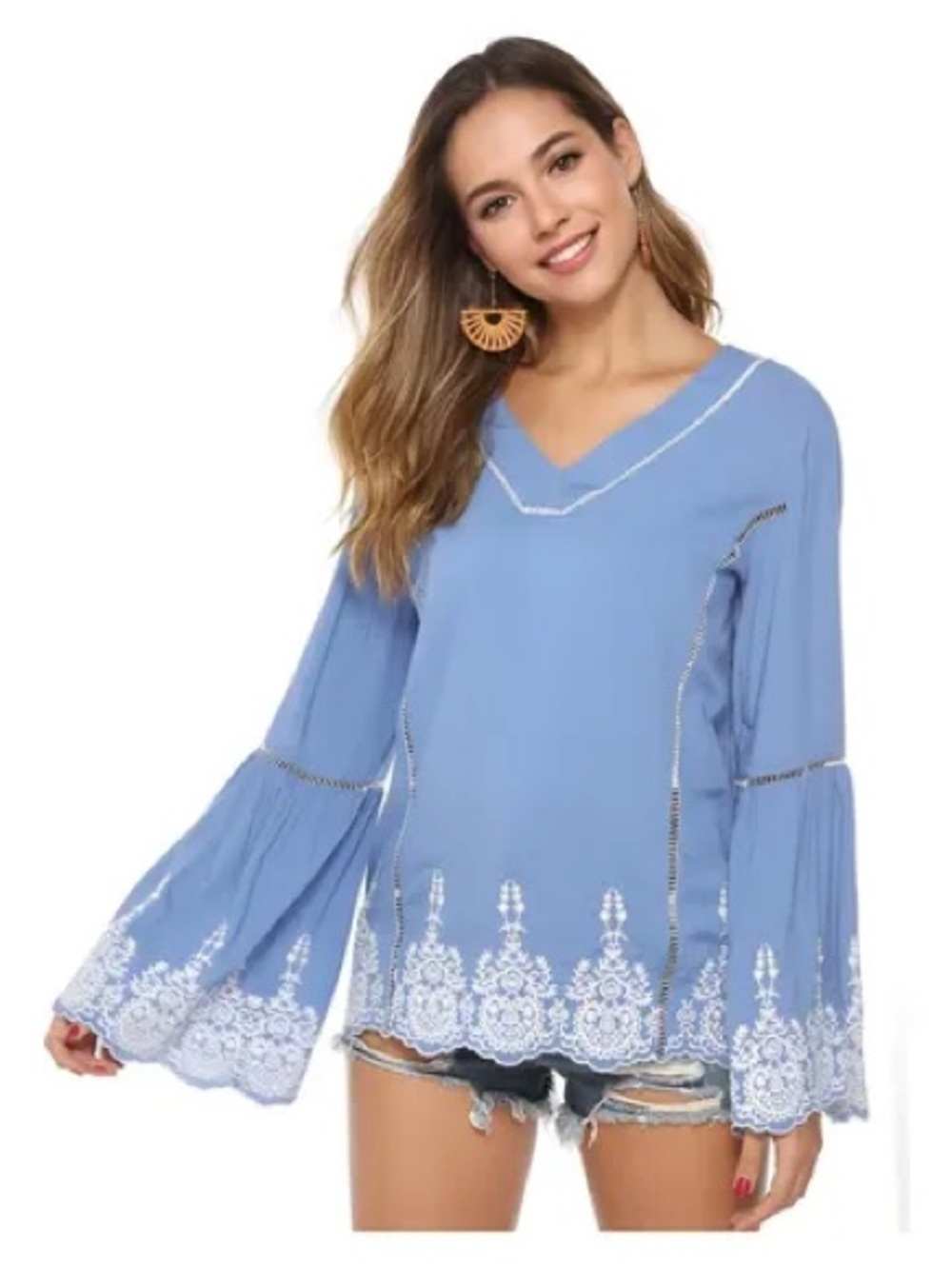 Sundance Light Blue V-Neck Bell Sleeve Tunic with White Embroidery Size XL Boho